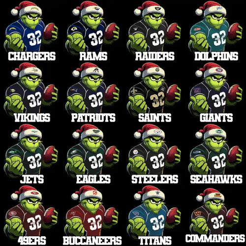 Grinch in NFL team jerseys with Santa hats, holding footballs, festive holiday design