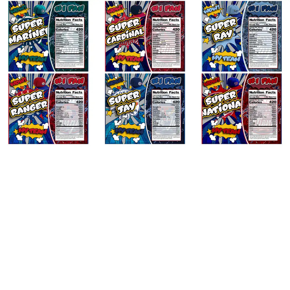 Super Fan sports team designs with nutrition facts, comic-style graphics for DTF/DTG printing
