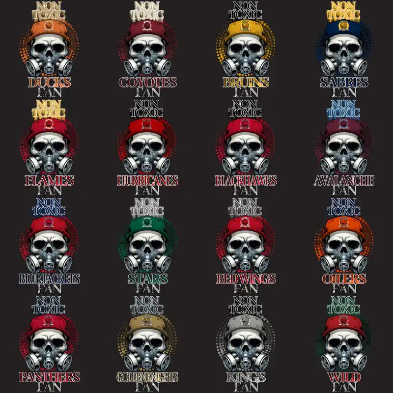 Skull in gas mask with NHL team names and 'Non Toxic' text, print-ready design bundle
