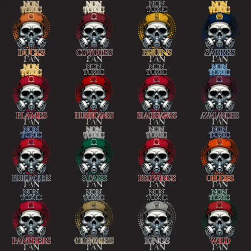Skull in gas mask with NHL team names and 'Non Toxic' text, print-ready design bundle