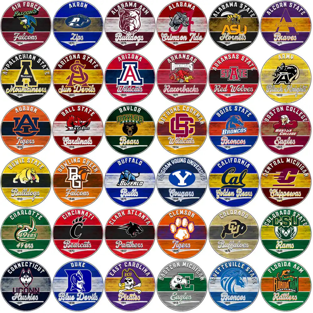 College sports team logos with vintage wood texture, ideal for DTF, DTG, embroidery, and tumbler wraps