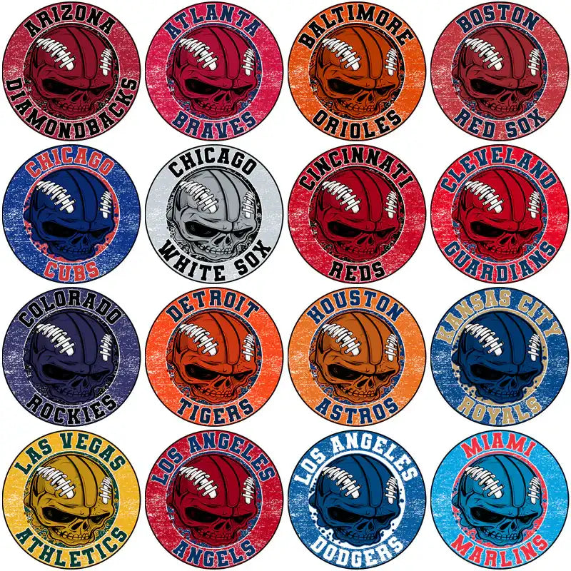 Skull-themed sports team logos for MLB and NFL, print-ready designs for DTF/DTG and embroidery.