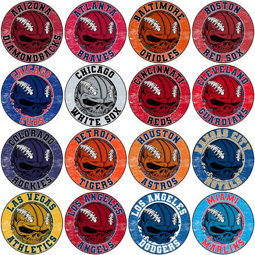 Skull-themed sports team logos for MLB and NFL, print-ready designs for DTF/DTG and embroidery.