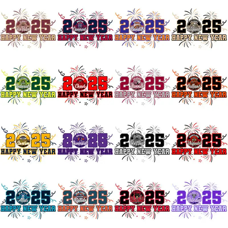 2025 Happy New Year designs with fireworks and team logos for DTF/DTG and embroidery