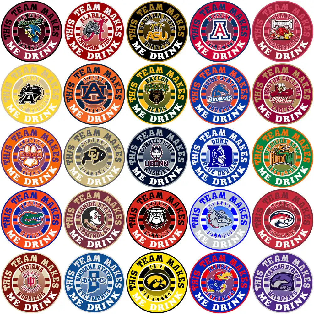 College team logos with 'This Team Makes Me Drink' text, print-ready designs for apparel and tumblers