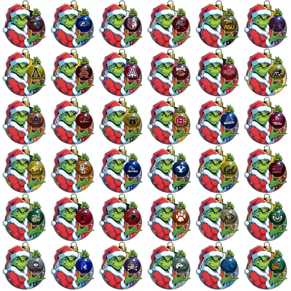 Grinch in Santa suit holding college-themed Christmas ornaments, festive holiday design collection