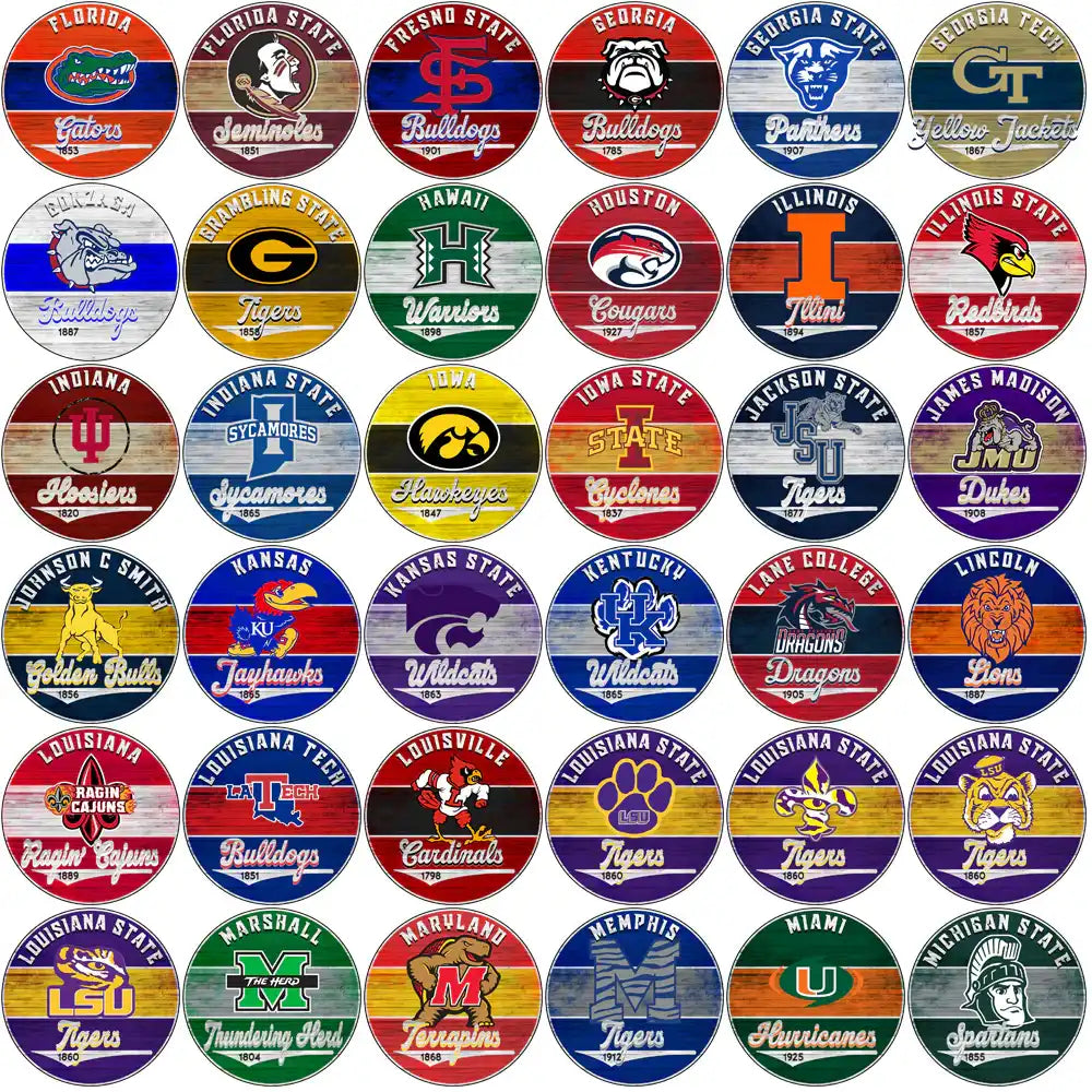 College sports team logos on vintage wood-style circular designs for DTF/DTG printing