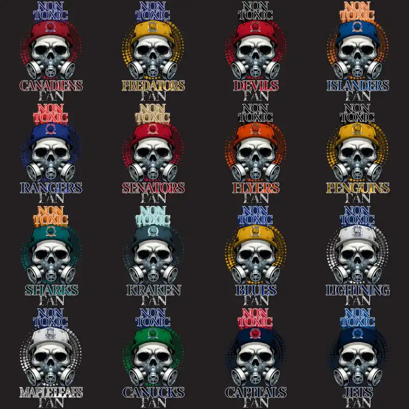Skull designs with gas masks and NHL team caps, print-ready for DTF/DTG and embroidery.