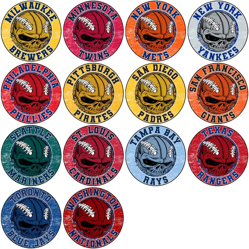Skull-themed MLB team logos for print-ready designs, featuring Brewers, Twins, Mets, Yankees, and more.