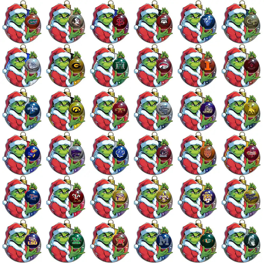 Grinch in Santa suit holding college-themed Christmas ornaments, festive holiday design collection