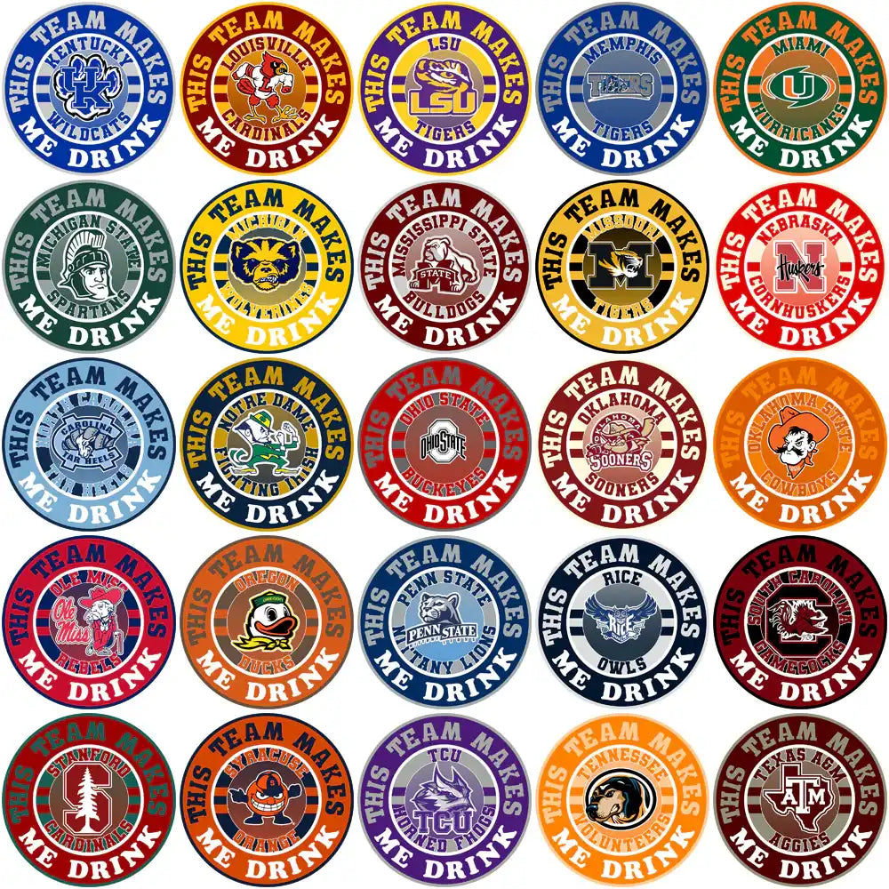 College team logos with 'This Team Makes Me Drink' text for tumbler wraps and print designs.