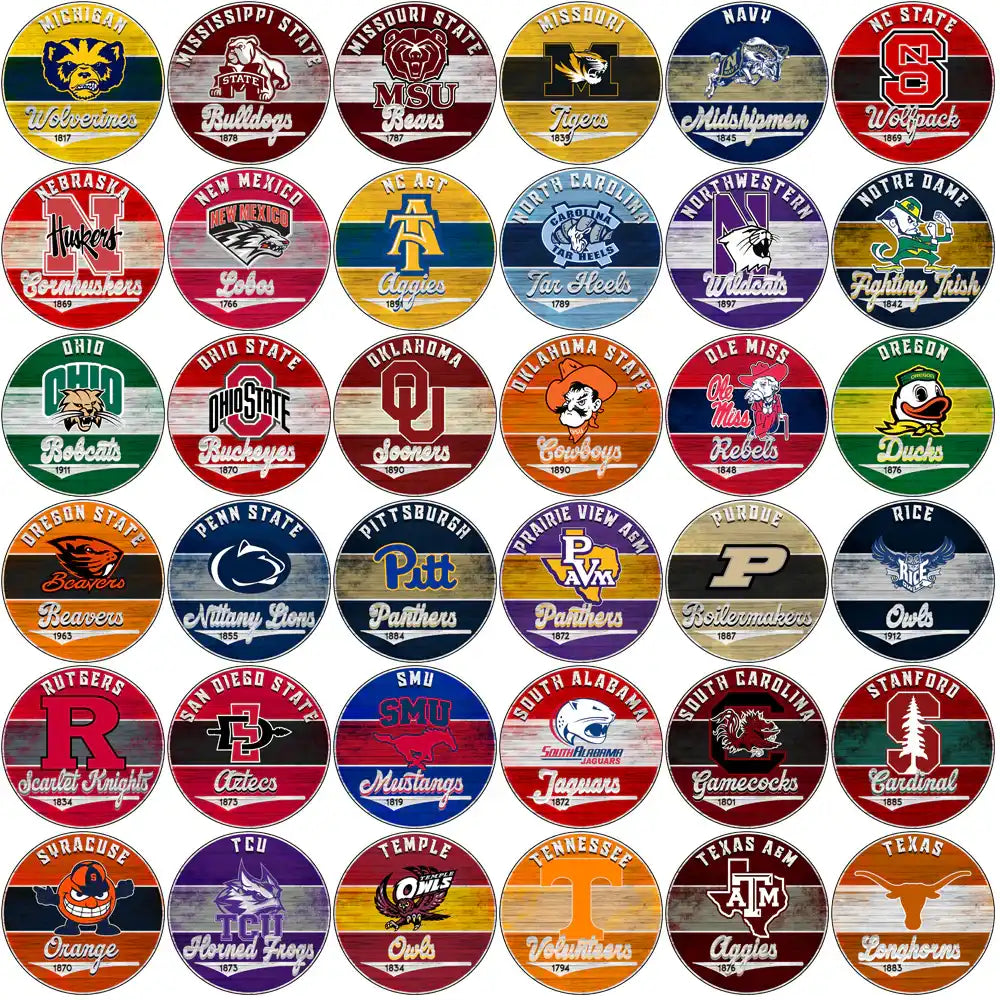 College team logos on distressed wood-style circles, ideal for DTF, DTG, embroidery, and tumbler wraps.