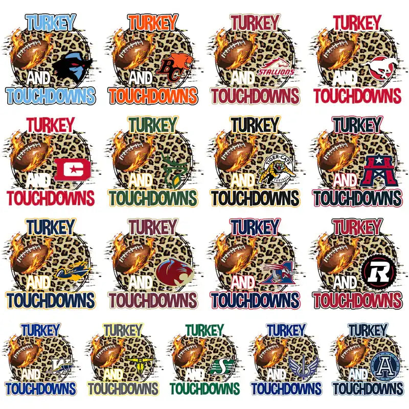 Turkey and Touchdowns football designs with leopard print, flames, and team logos for DTF/DTG printing
