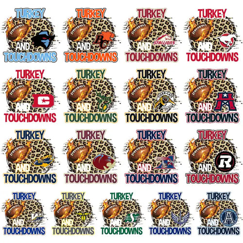 Turkey and Touchdowns football designs with leopard print, flames, and team logos for DTF/DTG printing