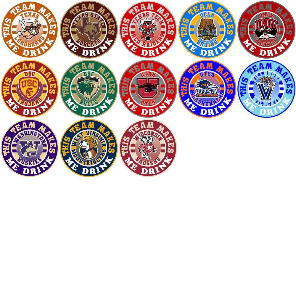 College team logos with 'This Team Makes Me Drink' text for DTF/DTG designs