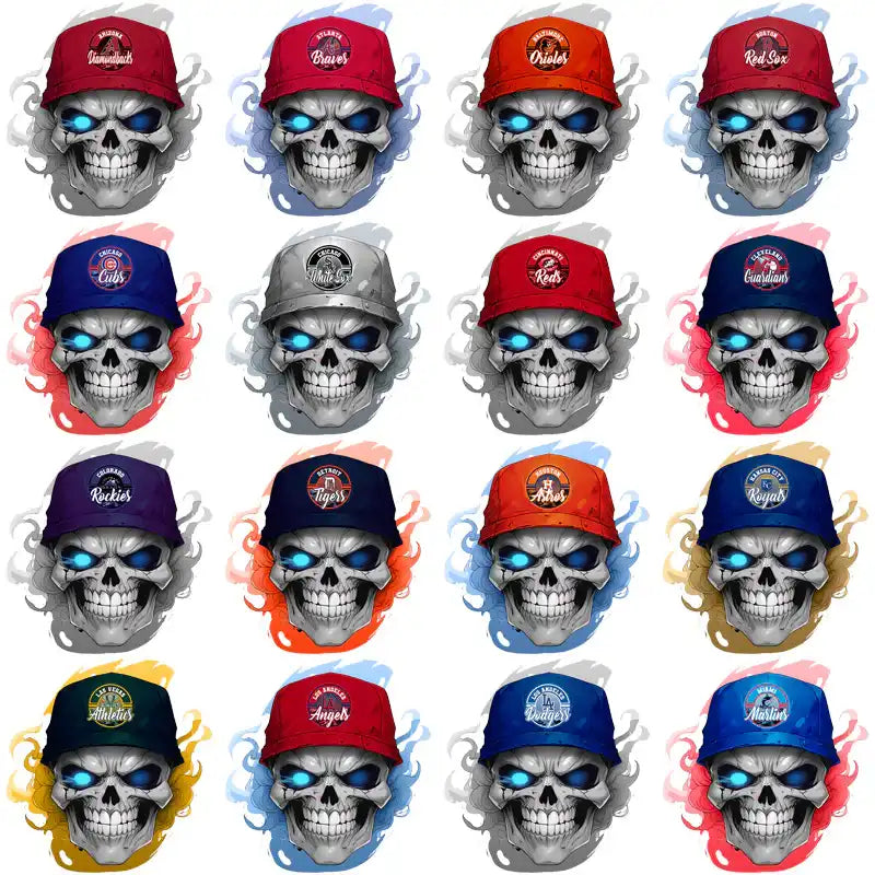 Skull designs with MLB team caps for DTF/DTG and embroidery, print-ready PNG/SVG files