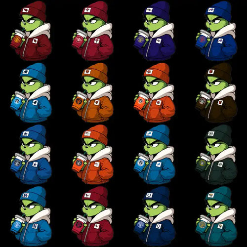 Grinch in colorful hoodies holding coffee cups, print-ready designs for DTG, DTF, embroidery