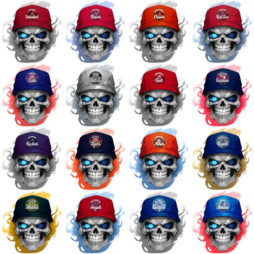 Skull designs with MLB team caps for DTF/DTG and embroidery, print-ready PNG/SVG files