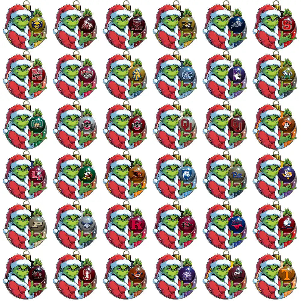 Grinch in Santa suit holding college-themed Christmas ornaments, perfect for DTF/DTG designs.