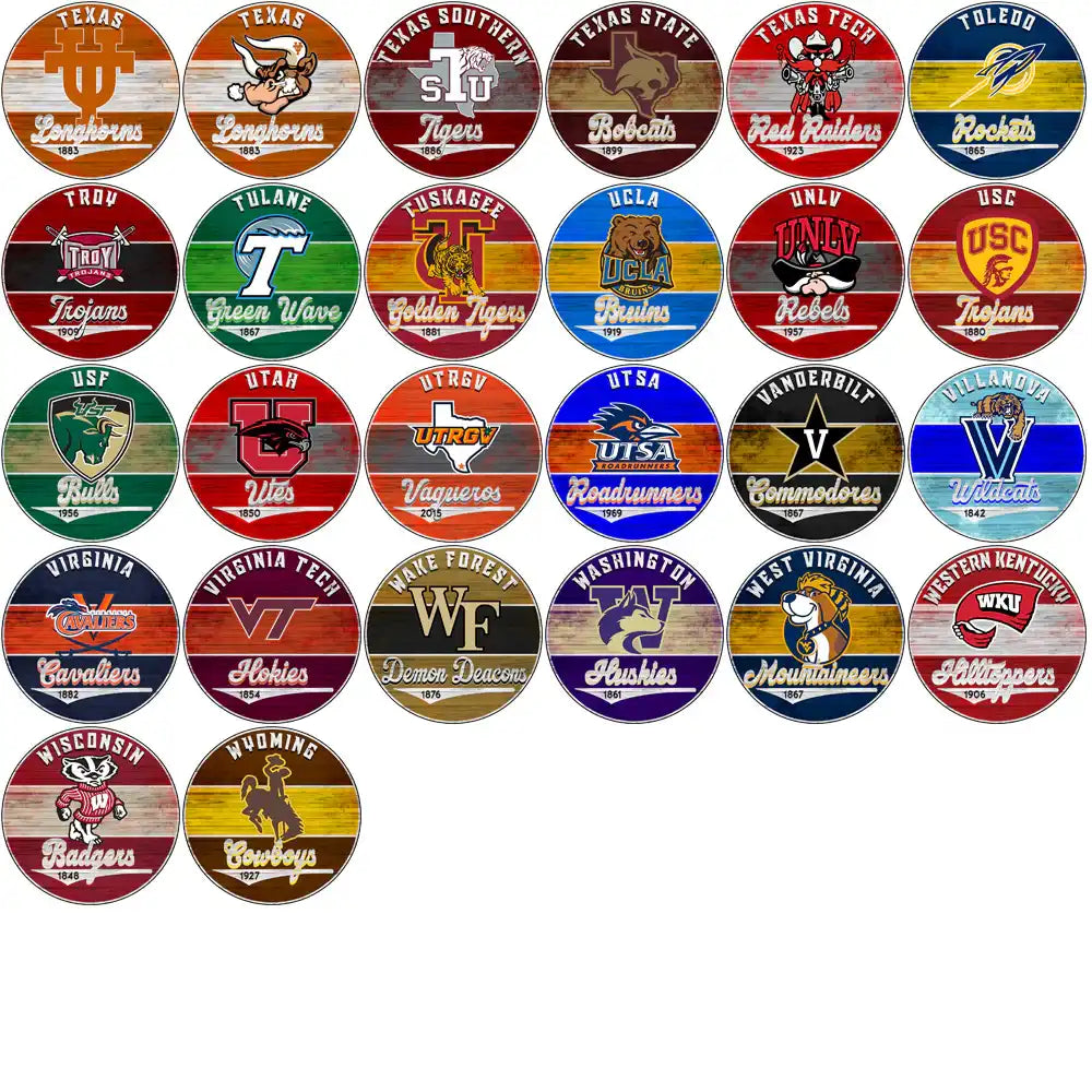 College sports team logos with rustic wood designs for DTF/DTG and embroidery projects