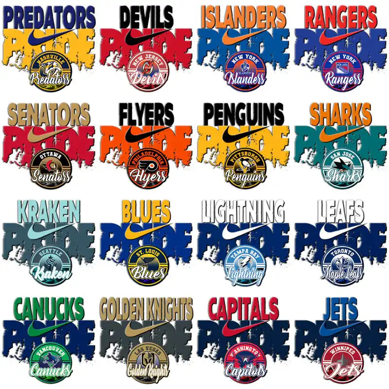 NHL team pride designs with Nike swoosh, perfect for DTF/DTG and embroidery projects.