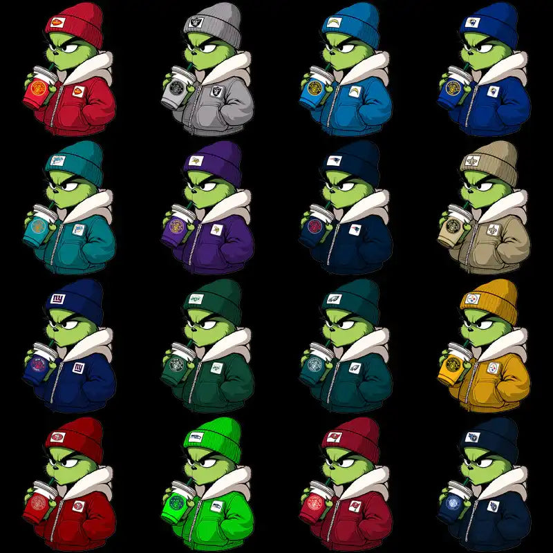 Grinch in colorful hoodies and beanies holding coffee cups, print-ready design bundle