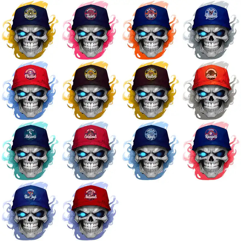 Skull designs with MLB team caps, glowing blue eyes, and colorful smoke effects for DTF/DTG printing.