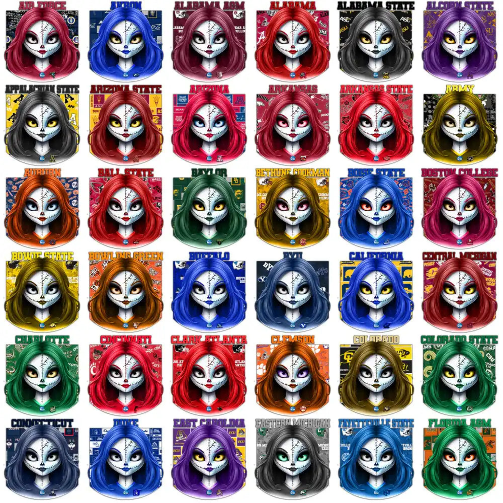 College team-themed spooky girl avatars with vibrant hair and stitched faces for DTF/DTG designs.