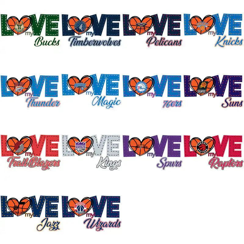 Basketball team love designs with heart-shaped logos for DTF/DTG and embroidery projects