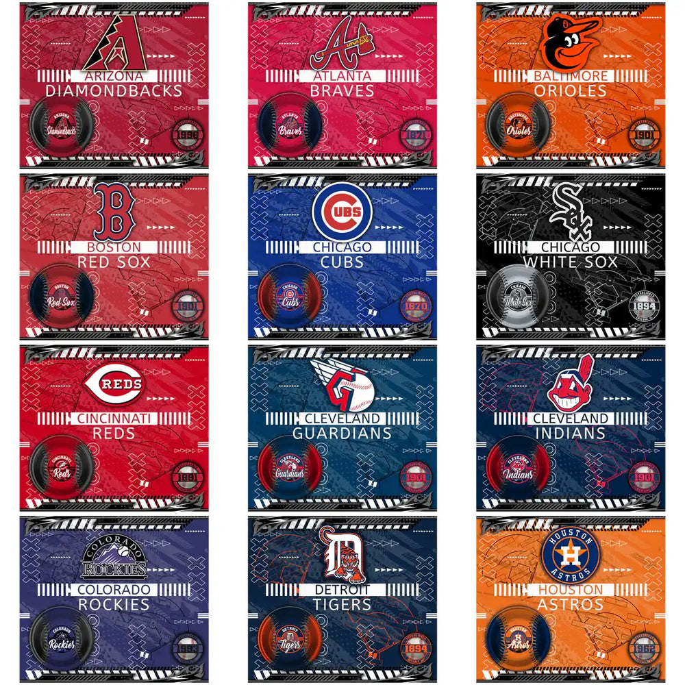 MLB team designs for DTF/DTG, embroidery, and tumbler wraps with vibrant logos and baseball motifs