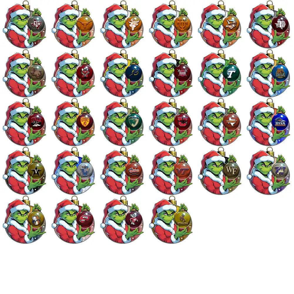 Grinch in Santa hat holding college team logo ornaments, DTF/DTG print-ready designs