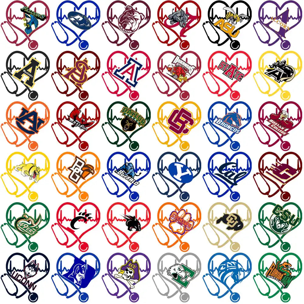 College sports team logos in heart-shaped stethoscope designs for embroidery and DTG