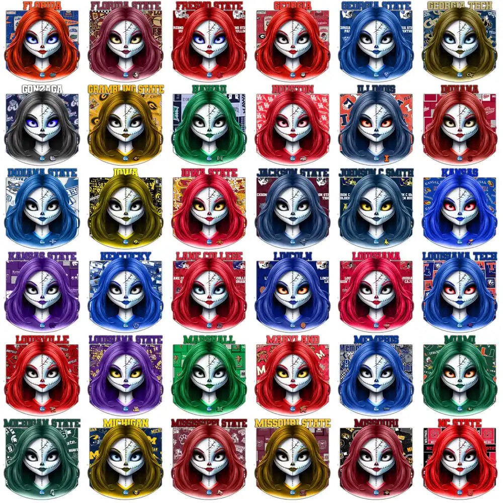 College team-themed zombie girl designs for DTF, DTG, embroidery, and tumbler wraps — print-ready PNG, SVG, PES