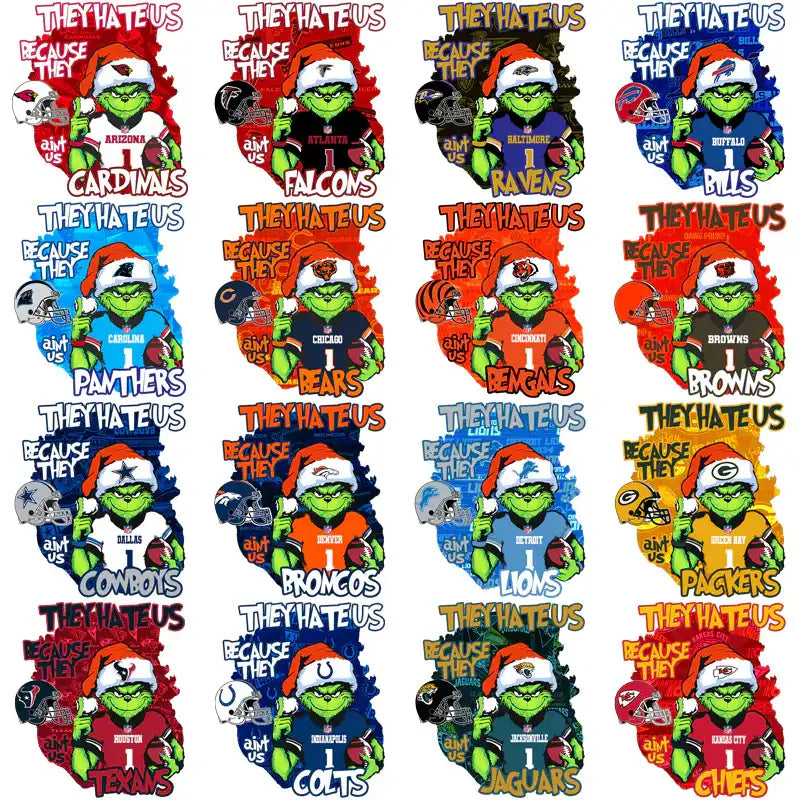 Grinch NFL team designs with 'They Hate Us' text, festive holiday graphics for DTF/DTG printing