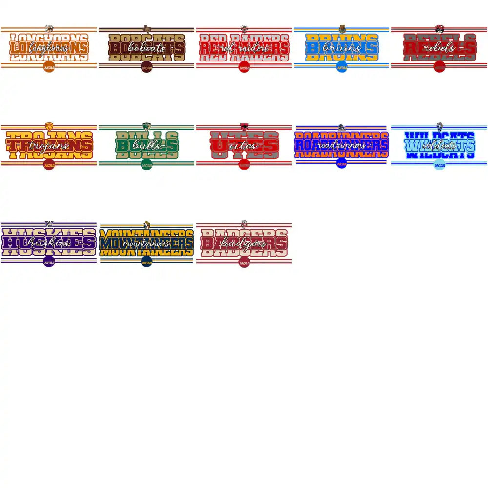 NCAA college sports team logos for DTF, DTG, embroidery designs — Longhorns, Bobcats, Bruins, Rebels, Trojans, Bulls, Utes, Roadrunners, Wildcats, Huskies, Mountaineers, Badgers
