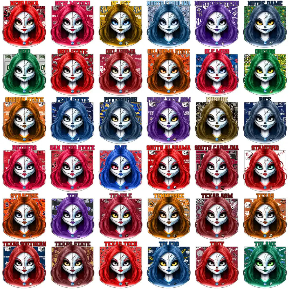 College team-themed spooky girl avatars with vibrant hair and stitched faces for DTF/DTG designs.