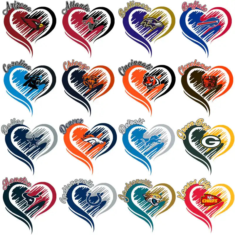 NFL team logos in heart designs for DTF, DTG, embroidery, and tumbler wraps — print-ready PNG, SVG, PES