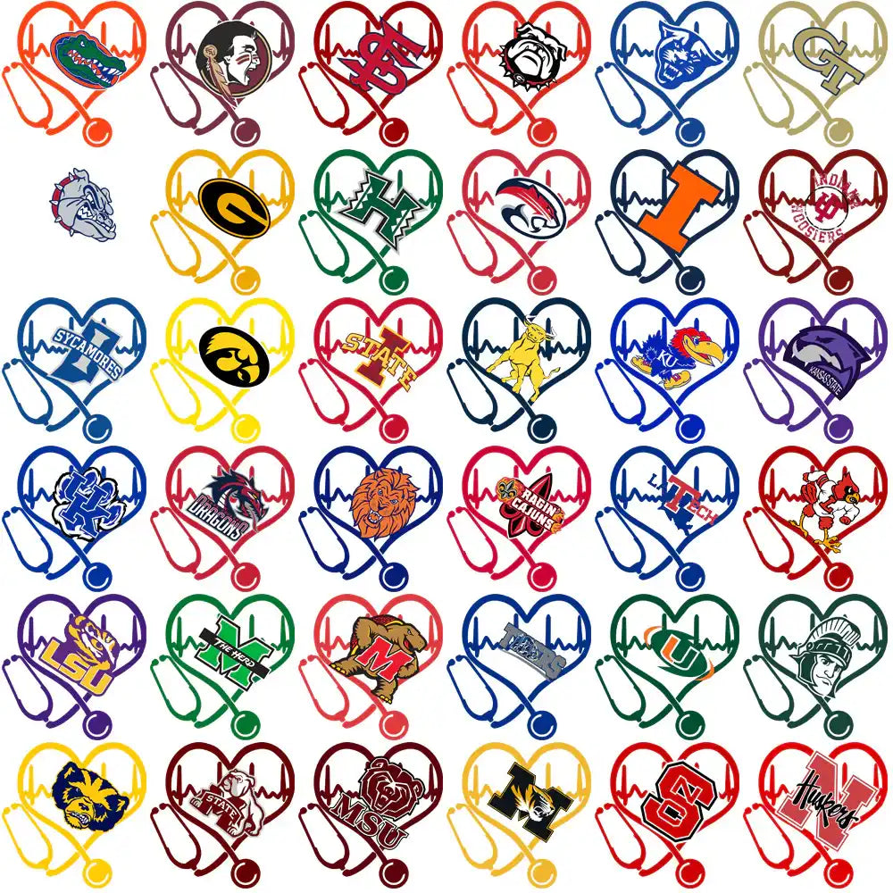 College sports team logos in heart-shaped stethoscope designs for DTF/DTG printing