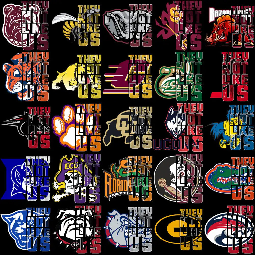 College sports team logos with 'They Not Like Us' text, print-ready for DTF, DTG, embroidery designs