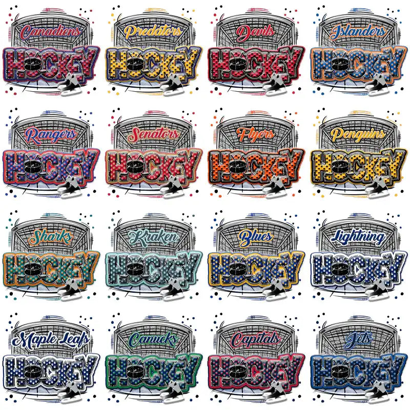 Hockey team logos with stadium backdrop, print-ready designs for DTF, DTG, embroidery, and tumbler wraps