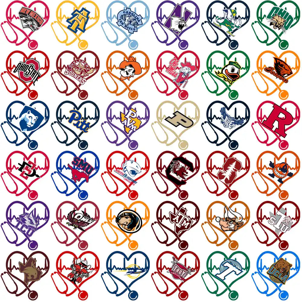 College team logos in heart-shaped stethoscope designs for DTF/DTG printing, embroidery, and tumbler wraps