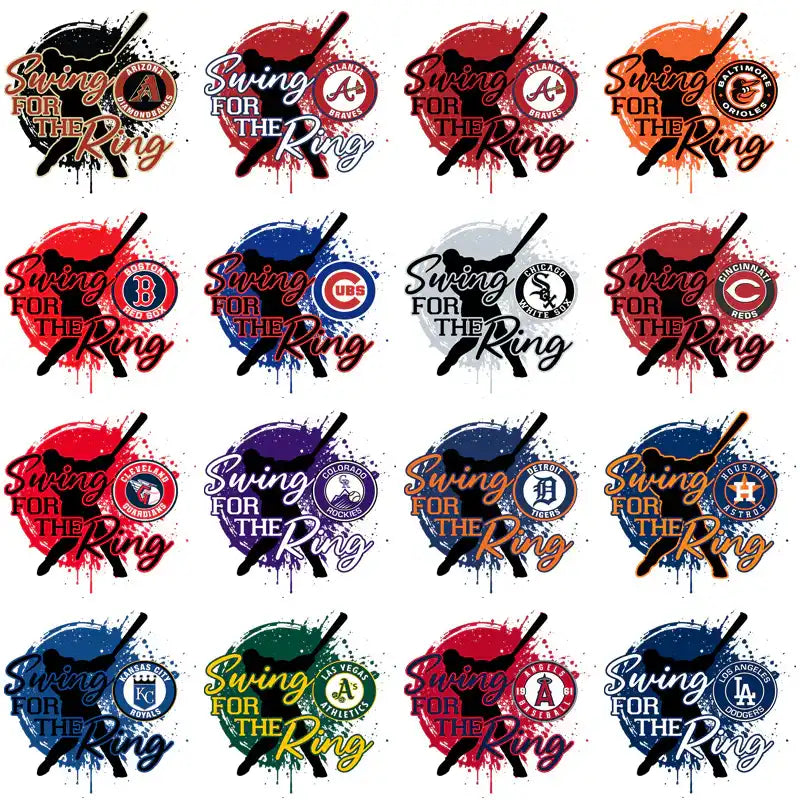 Swing for the Ring baseball designs with team logos and vibrant splatter effects