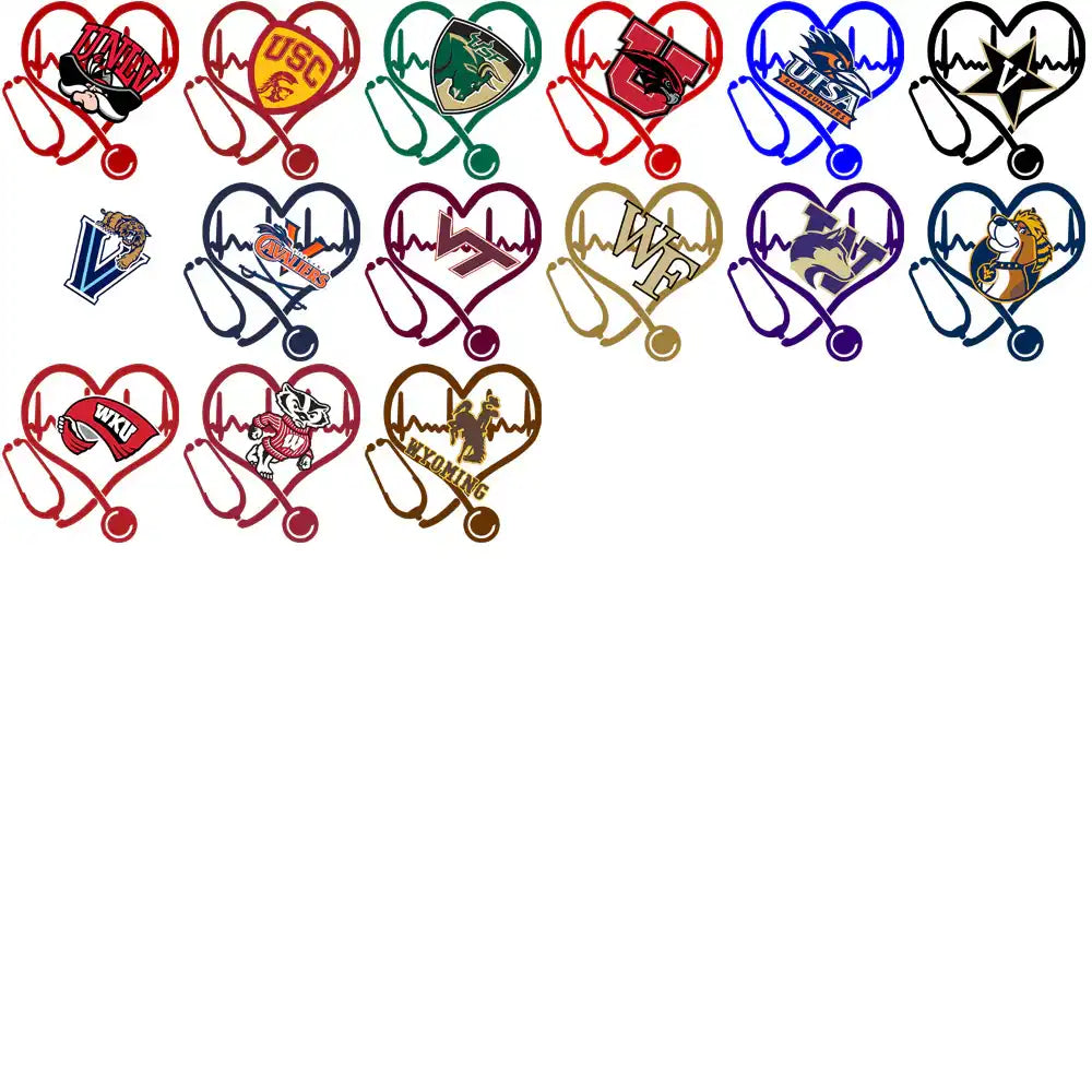 College sports team logos in heart shapes with stethoscope designs, print-ready for DTF, DTG, embroidery