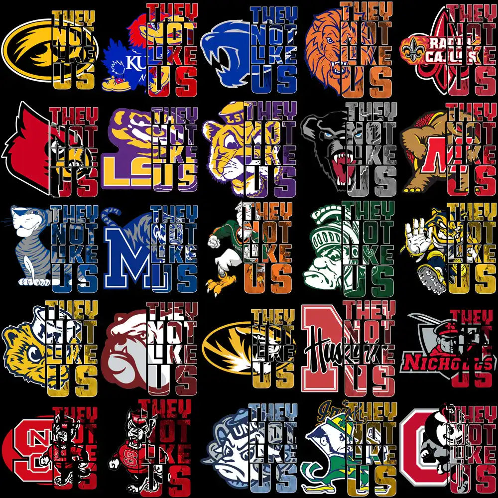 College sports team logos with 'They Not Like Us' text, ideal for DTF/DTG and embroidery designs.