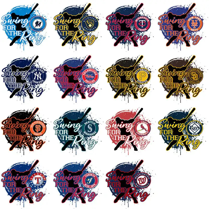Baseball-themed 'Swing for the Ring' designs with team logos for DTF/DTG printing