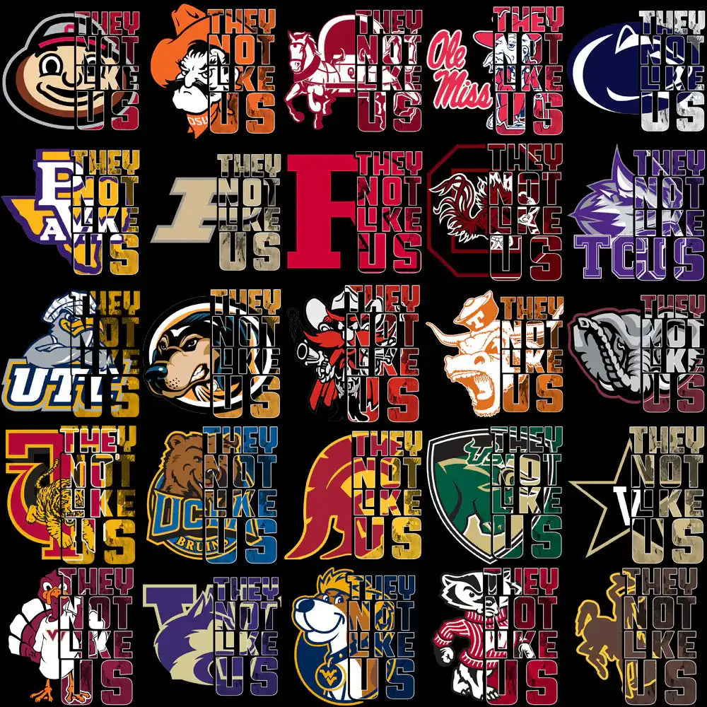 College sports team logos with 'They Not Like Us' text, print-ready designs for DTF, DTG, embroidery