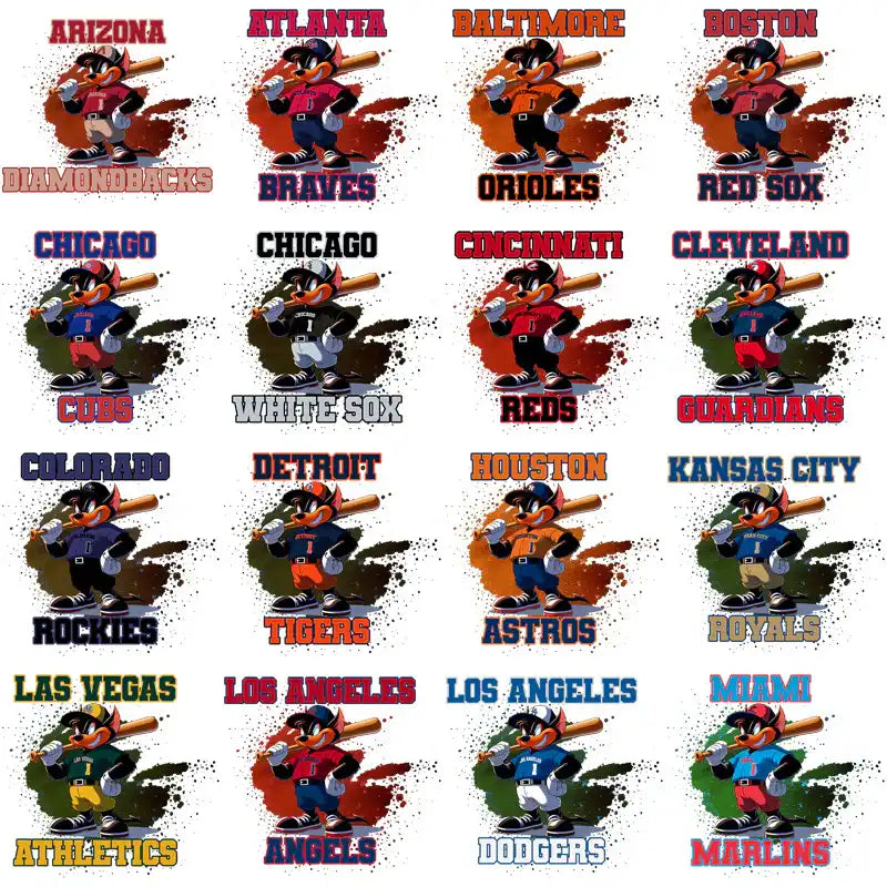 Cartoon baseball mascots for MLB teams, print-ready designs for DTF/DTG, embroidery, and tumbler wraps