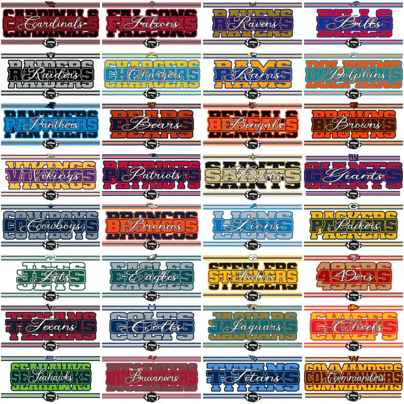 NFL team logos collection for DTF/DTG and embroidery designs, print-ready PNG, PES, SVG formats.