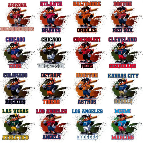 Cartoon baseball mascots for MLB teams, print-ready designs for DTF/DTG, embroidery, and tumbler wraps
