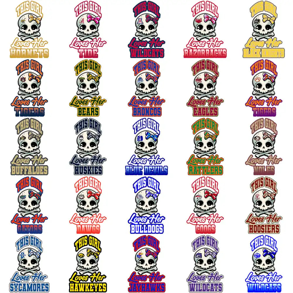 Collection of skull designs with team names for DTF/DTG and embroidery, featuring bows and vibrant colors.